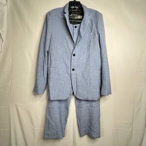 Light Blue Suit Set Mens XXL Linen Look Two Button Blazer Flat Front Pants
